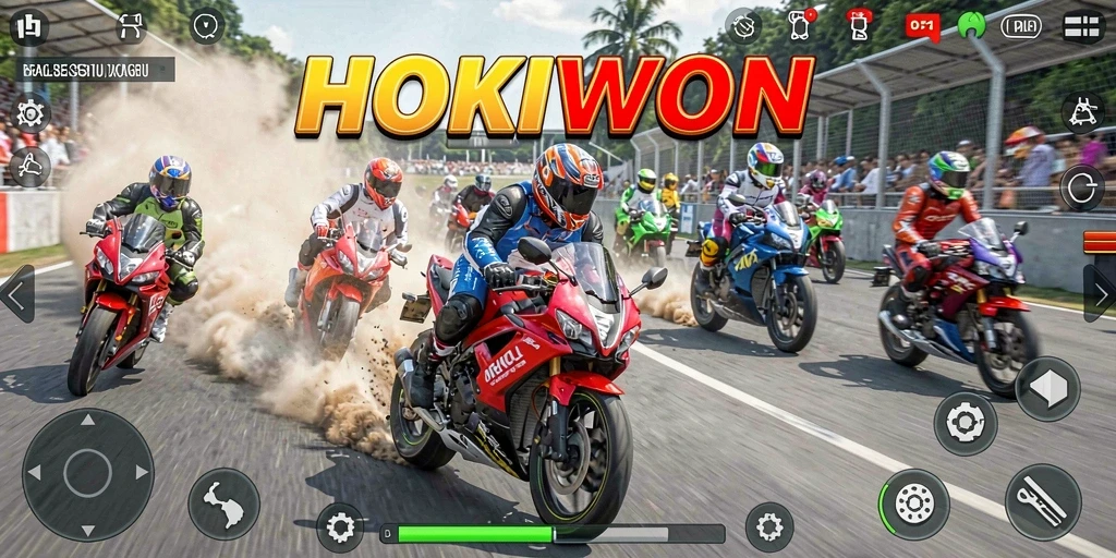 Tampilan gameplay HOKIWON yang mendebarkan saat balapan motor.