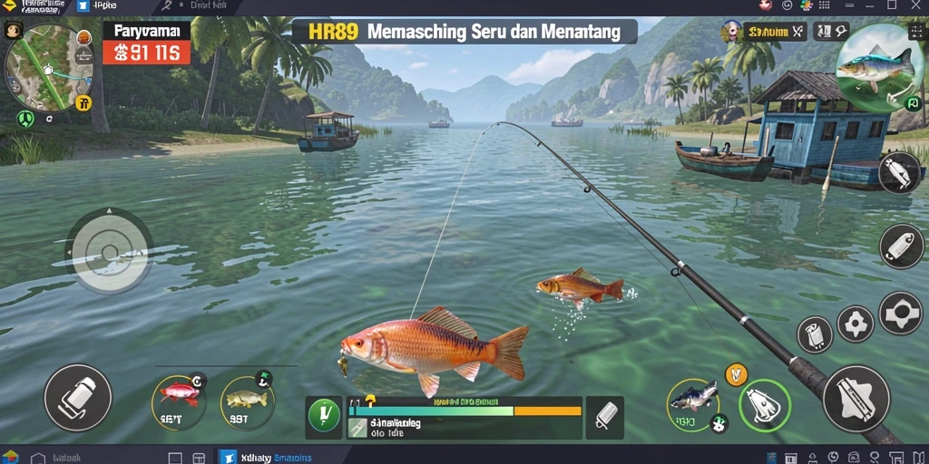 Screenshot gameplay HR89 yang menunjukkan aksi memancing yang seru.