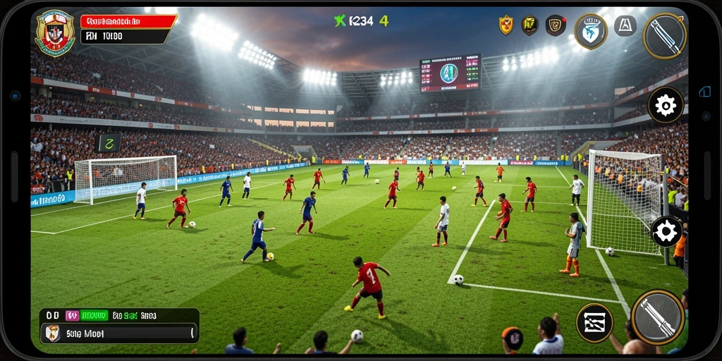 Screenshot gameplay K234 menampilkan aksi pertandingan sepak bola yang mendebarkan.