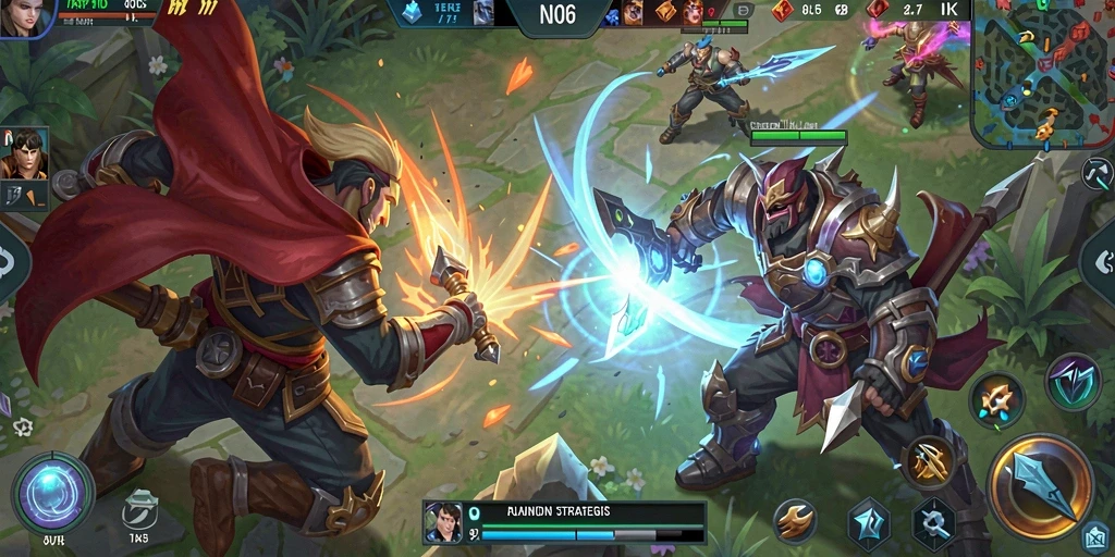 Tangkapan layar utama N06 menampilkan pertempuran heroik dalam permainan MOBA.